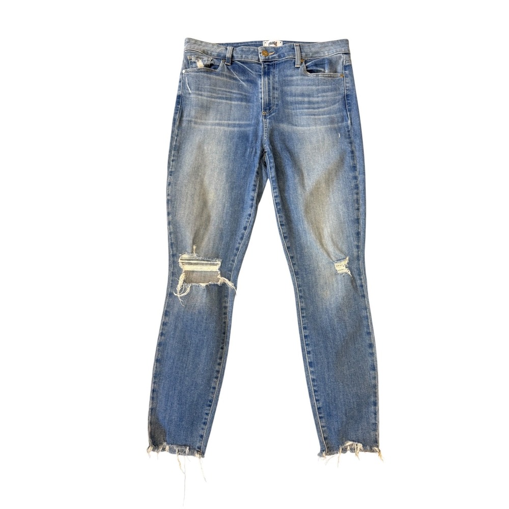 PAIGE Hoxton Ankle Dezi Destructed High Rise Skinny Jeans Blue 14 32 Distressed